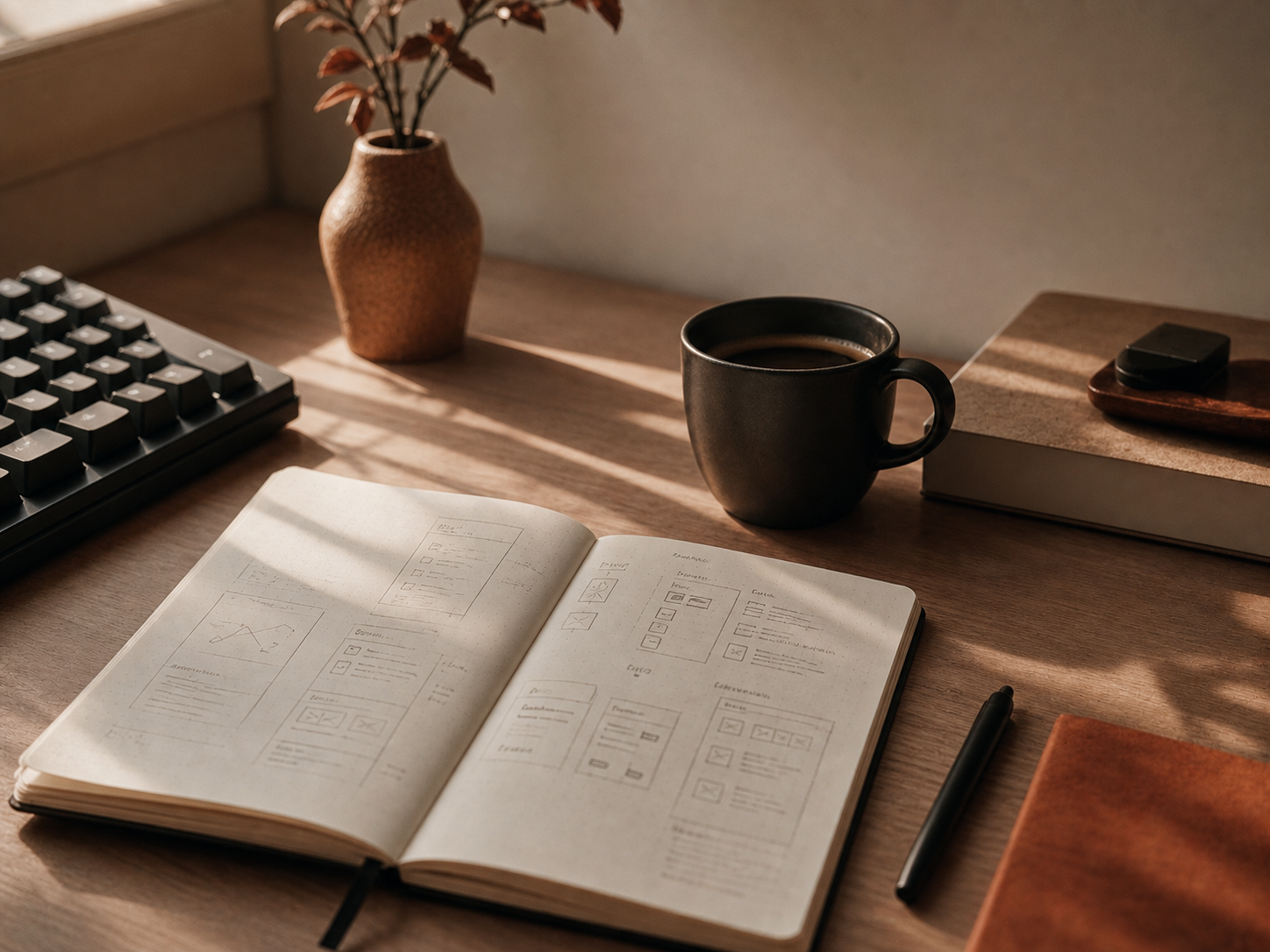 Notebook, coffee, and keyboard on a warm studio desk.